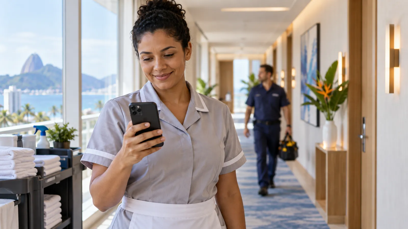 Camareira do hotel acompanhando as tarefas no celular, com o técnico de manutenção ao fundo